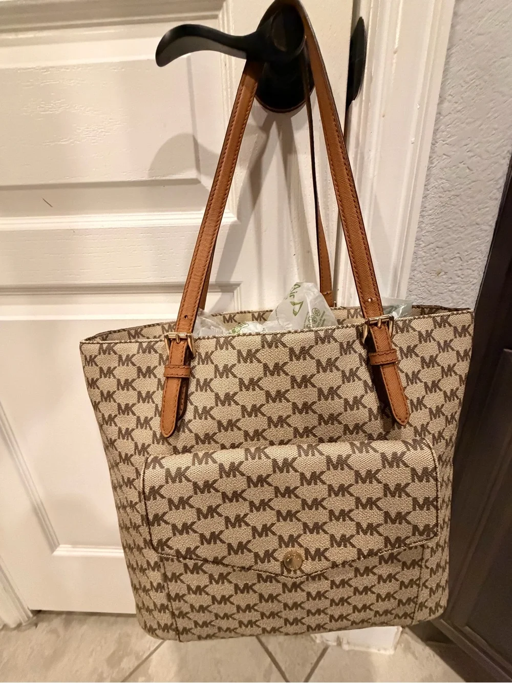 Michael Kors Tan/Beige MK Signature Tote with Front Pocket